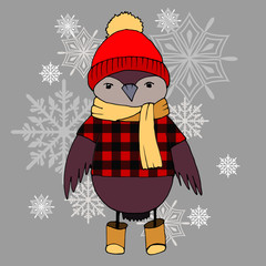 cartoon-style bird in winter clothes, winter background with snowflakes