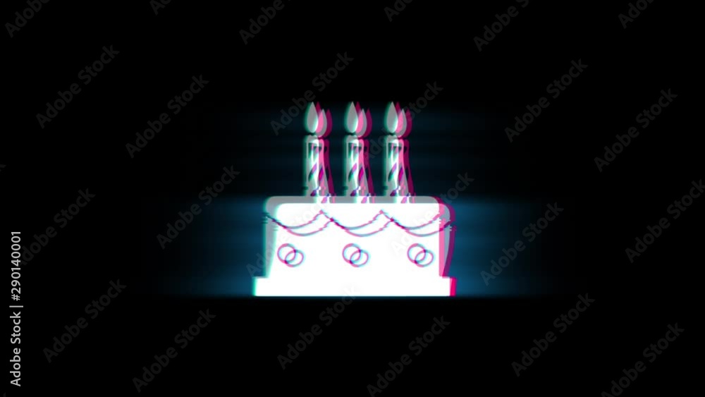 Poster birthday cake symbol on glitch led screen retro vintage display animation 4k animation seamless loop