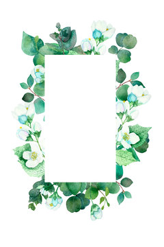 Watercolor hand painted nature squared frame with green eucalyptus leaves and branches, white blossom flower jasmine for invitations and greeting card with the space for text on the white background
