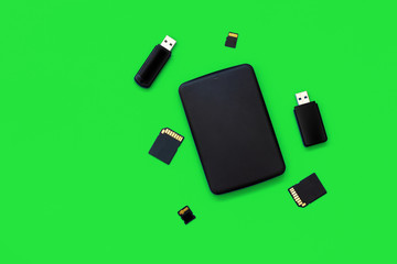 Digital data memory concept, usb flash drive, memory cards, portable hdd