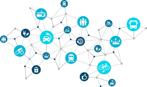 New Mobility Icon Concept: Modern Individual Transportation Alternatives, E-car, E-bike, Scooter, Car Sharing - Vector Illustration 