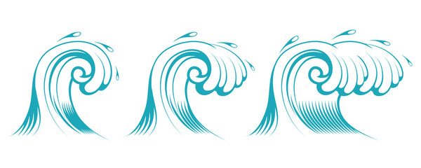 Sketch Ocean and Sea Waves. Wave Water Storm Sea Illustration. Nature Wave Water Storm. Vector graphics to design.