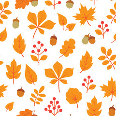 Autumn leaves seamless pattern. Fall leaf and berries. Floral nature icons over white background.