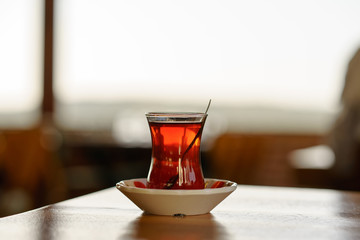 Turkish Tea on classic glass, it is a tradition serve after food any Turkish restaurant in Turkey 