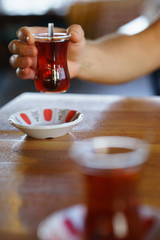 Turkish Tea on classic glass, it is a tradition serve after food any Turkish restaurant in Turkey 