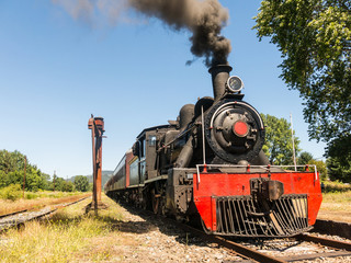 Naklejka premium Tourist train called Valdiviano that runs from Valdivia to Antilhue with a 1913 North British locomotive type 57. Los Rios Region, in southern Chile.