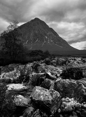 Black and white landscape of scotland.