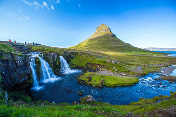 Kirkjufellsfoss, panoramic one summer morning. Iceland