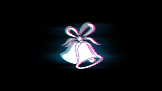 Christmas Ribbon Bow Bells Symbol on Glitch Led Screen Retro Vintage Display Animation 4K Animation Seamless Loop Alpha Channel.