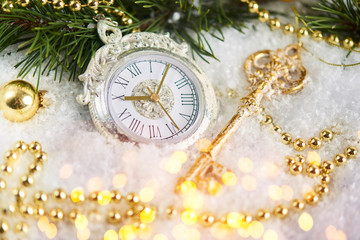 Christmas Card with snow and clock