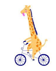Cheerful yellow giraffe is racing on a bicycle. Hand-drawn illustration, child character on a white background.