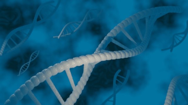 Abstract dna molecule helix on a blue background. Gene cell concept. 3d render illustration