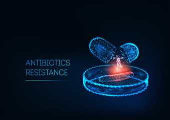 Antibiotics resistance concept. Futuristic low polygonal antibiotics pills, bacteria on Petri dish. - obrazy, fototapety, plakaty