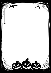 Halloween black frame with bats and Jack O' Lanterns. Vector poster illustration.