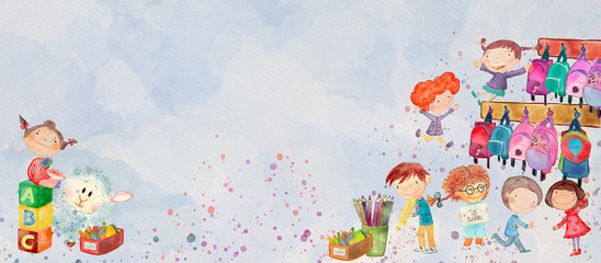 Kindergarten. Watercolor banner for children - obrazy, fototapety, plakaty