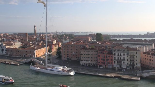 Venice, Italy: Aerial view of Venice waterfront: Promenade "Riva S. Biasio", Rio dell'Arsenale and Venetian Arsenal  (Italian: Arsenale di Venezia) in the background, (view from a cruise liner)