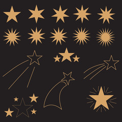 Beautiful stars on a dark background. Falling gold stars vector set Icons of meteorites and comets - vector. Meteorites and comets collection.