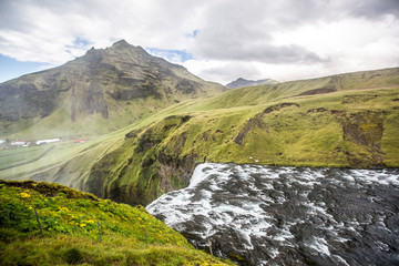 Fototapeta na wymiar The top of the great waterfall of Skógafoss, Iceland