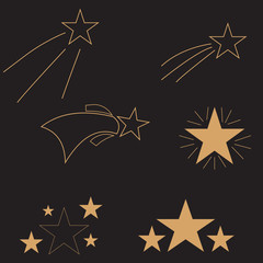 Beautiful stars on a dark background. Falling gold stars vector set Icons of meteorites and comets - vector. Meteorites and comets collection.