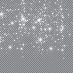 Dust white. White sparks and golden stars shine with special light. sparkles on a transparent background. Christmas abstract pattern. Sparkling magical dust particles.