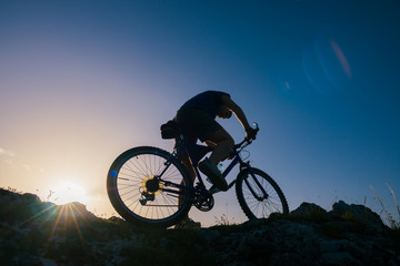 Naklejka premium Sylwetka rowerzysty górskiego jadącego na jego rower górski na szczycie klifu (wzgórze).