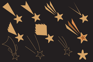 Beautiful stars on a dark background. Falling gold stars vector set Icons of meteorites and comets - vector. Meteorites and comets collection.