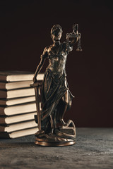 Attorney and notary concept. Books and Statue of Justice isolated
