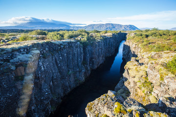Walls that separate the tectonic plates in Þingvallavatn. Iceland