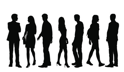 Vector silhouettes of  men and a women, a group of standing business people, black color isolated on white background