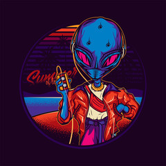 Original vector illustration in vintage neon style. An alien, an alien in headphones, with a cassette player in his hands, against the beach, palm trees, sunset and sea. T-shirt design