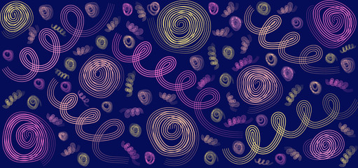 Bright abstract background, summer print, doodle lines, circles.