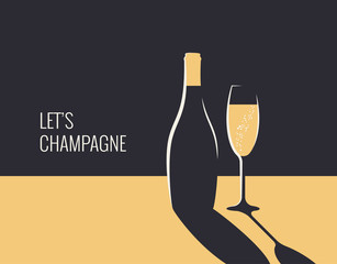 Champagne bottle banner. Glass on gold and black