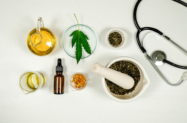 cbd thc oil medical treatment in doctor laboratory. natural medicine on clinical research .