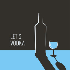 Vodka bottle banner. Glass of vodka on blue