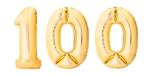 Number 100 one hundred made of golden inflatable balloons isolated on white background. Helium...
