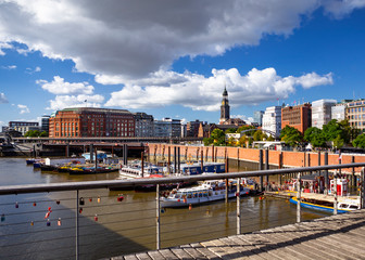 View of Hamburg-mitte and St. Michael's Church across the river Elbe, Germany