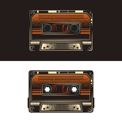 Original monochrome vector illustration in retro audio cassette style on white and black background