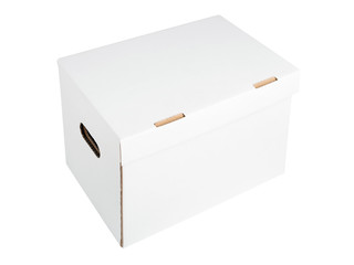 White box isolated on a white background. High angle view of blank white cardboard box isolated on white background. Branding identity template