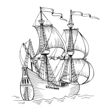 Old caravel, vintage sailboat. Hand drawn sketch vector. Detail of the old geographical or fanasy maps of sea.