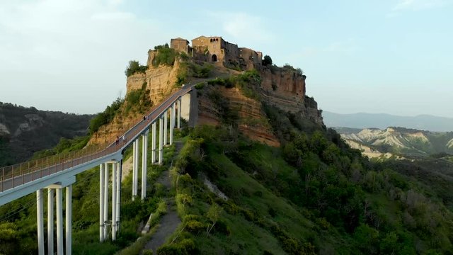 Aerial view of famous Civita di Bagnoregio town on summer evening