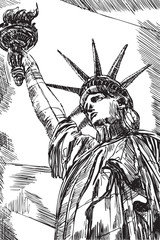 Rysynek ręcznie rysowany. Widok na statue wolności w Nowym Jorku w USA - obrazy, fototapety, plakaty