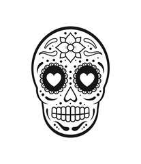 Vector black flat outline Day of The Dead Skull with floral ornament. Mexican sugar skull icon