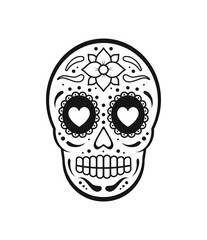 Vector black flat outline Day of The Dead Skull with floral ornament. Mexican sugar skull icon