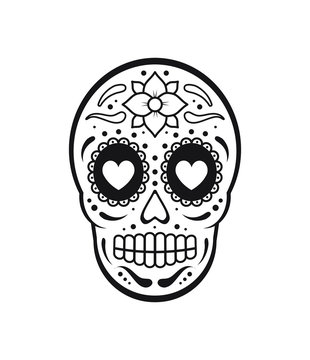 Vector black flat outline Day of The Dead Skull with floral ornament. Mexican sugar skull icon