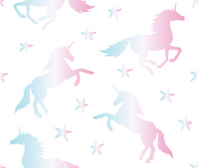 Vector seamless pattern of holographic unicorn silhouette isolated on white background © Sweta