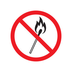 Vector flat black burning match crossed in red circle isolated on white background. No open light sign icon