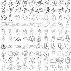 set of one hundred different hands in action. outline, doodle, monochrome, comic, drawing, gestures.