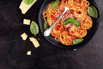 Plate of delicious spaghetti Bolognaise or Bolognese with savory minced beef and tomato sauce...