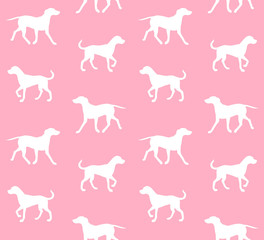 Vector seamless pattern of white Dalmatian dog silhouette isolated on pink background