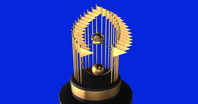 A generic retro baseball shinny golden trophy with flags, a ball and crown, rotating on a blue background in a loop.
